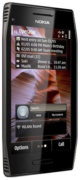 Front view of a black Nokia X7 smartphone showing its colorful home screen with notifications and shortcut icons.