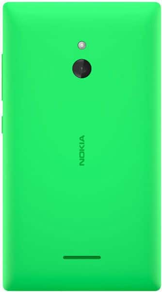 Nokia XL rear view, bright green back with camera and speaker openings