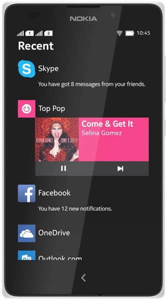 Nokia XL front view displaying home screen with Recent apps including Skype, Top Pop music player, Facebook, OneDrive, and Outlook.com