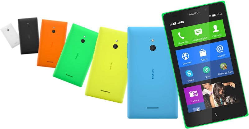 Nokia XL smartphone displayed front and rear in multiple color options: white, black, orange, green, lime, and blue, with screen showing home apps
