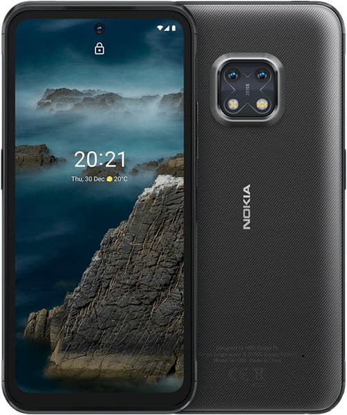 Nokia XR20 front and rear view, displaying lock screen with time and landscape wallpaper, rugged design with textured back