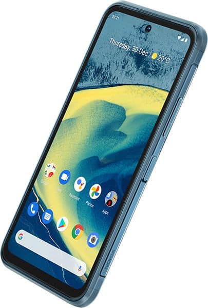 Nokia XR20 front view, displaying home screen with weather widget and app icons on blue display
