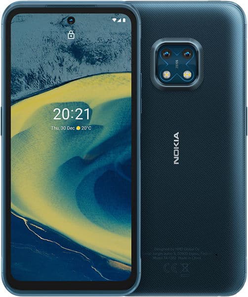 Nokia XR20 smartphone shown from front and back, displaying time 20:21 on lock screen with blue and yellow landscape wallpaper