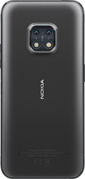 Nokia XR20 rear view, showing dual-camera setup and textured back panel in black