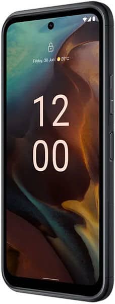 Nokia XR21 front view displaying lock screen with time 12:00, showing rugged design with black frame and color display