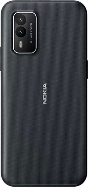 Nokia XR21 rear view, showing dark textured back with dual camera module and white Nokia branding