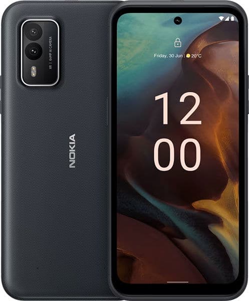 Nokia XR21 front and rear view, showing dual rear cameras and lock screen display at 12:00