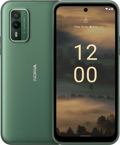 Nokia XR21 front and back view, green phone with dual rear cameras and lock screen displaying 12:00