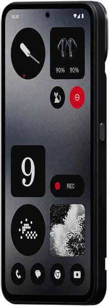 Front view of Nothing CMF Phone 1 displaying minimalist home screen with black, white, and red icons and widgets.