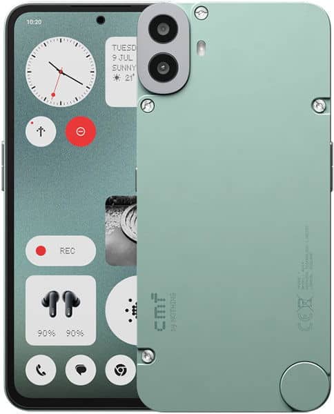 Green Nothing CMF Phone 1 shown front and rear: minimalist UI on display, dual rear cameras, metallic screws, CMF branding.