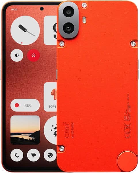 Rear and front views of Nothing CMF Phone 1: red back, dual cameras, minimalist interface with large red, white, and gray icons.