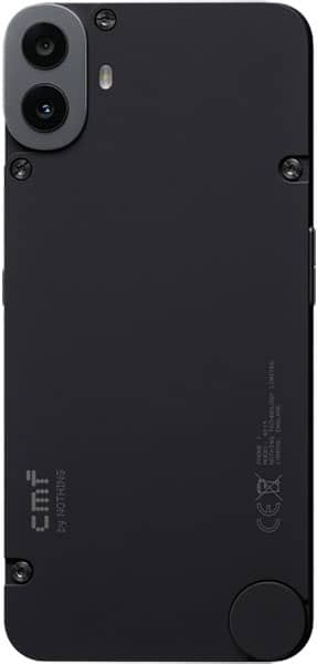 Rear view of black Nothing CMF Phone 1 with dual cameras top left, exposed screws on edges, and markings near the bottom.