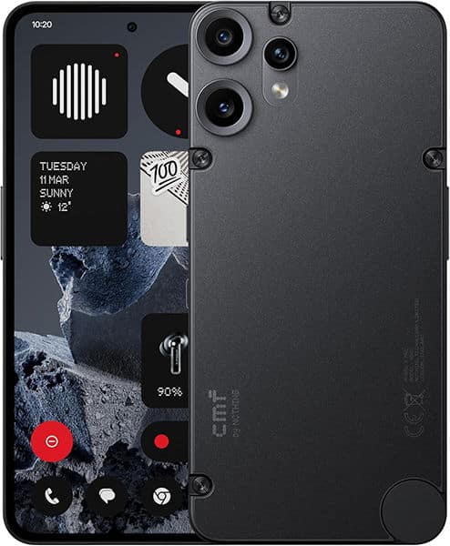 Nothing CMF Phone 2 Pro, front and rear view, showing lock screen with weather widget and triple rear camera setup on dark gray body