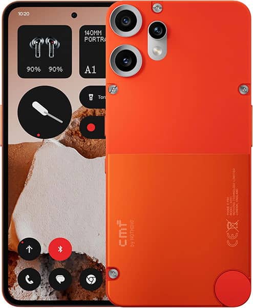 Nothing CMF Phone 2 Pro rear view, showing orange back panel and triple camera setup with circular lens frames