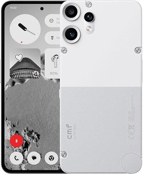 Nothing CMF Phone 2 Pro, rear view, showing white back panel with triple camera setup and side view displaying home screen with black and white photo interface