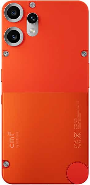 Nothing CMF Phone 2 Pro rear view, bright orange with triple camera setup and red circular button