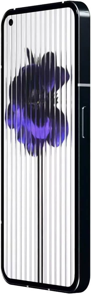 Nothing Phone (1) front view, displaying a purple and black abstract flower design on screen with vertical line pattern across display