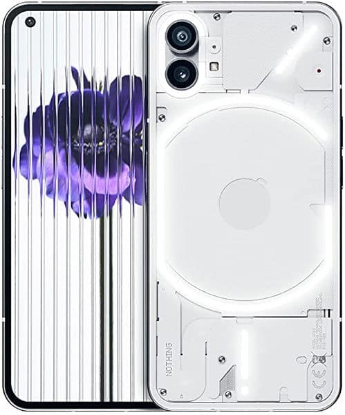 Nothing Phone (1) front and rear view showing display with purple abstract design and transparent back revealing internal components