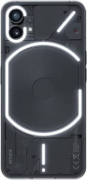 Nothing Phone (1) rear view, showing dual camera setup and distinctive glowing circular design element on dark back panel