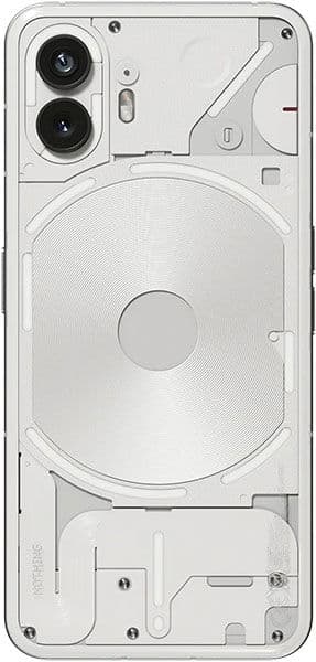 Rear view of Nothing Phone (2) showing transparent back, exposed components, dual top-left cameras, and geometric white accents.