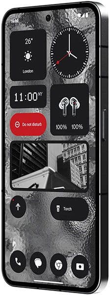 Front view of Nothing Phone (2) showing home screen with cityscape wallpaper, widgets, and app shortcuts.
