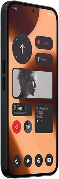 Nothing Phone (2a) Plus front view, screen-on showing customizable widget interface with orange and black design elements
