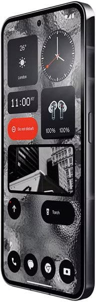 Nothing Phone (2a) front view displaying customizable home screen with widgets showing time, temperature, weather, and app shortcuts on a dark background