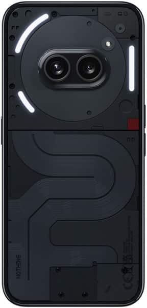 Nothing Phone (2a) rear view showing dual circular camera lens array and distinctive glyphic interface pattern on black body