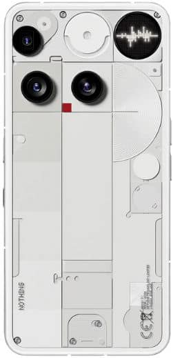 Nothing Phone (3) rear view showing multiple cameras, audio waveform display, and internal component layout on white background