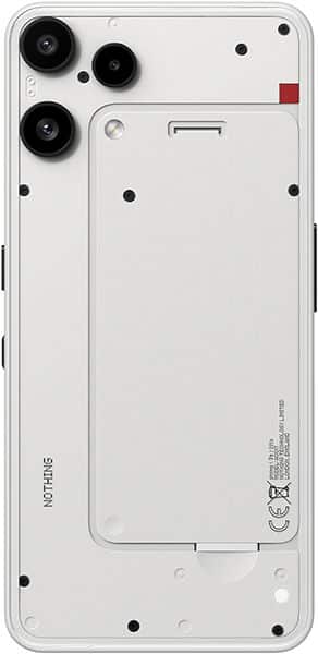 Nothing Phone (3a) Lite rear view, white, showing triple camera setup and regulatory markings