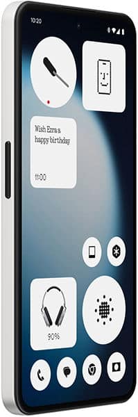 Nothing Phone (3a) Lite front view showing home screen with widget icons for clock, light switch, birthday message, headphones, and smart home controls