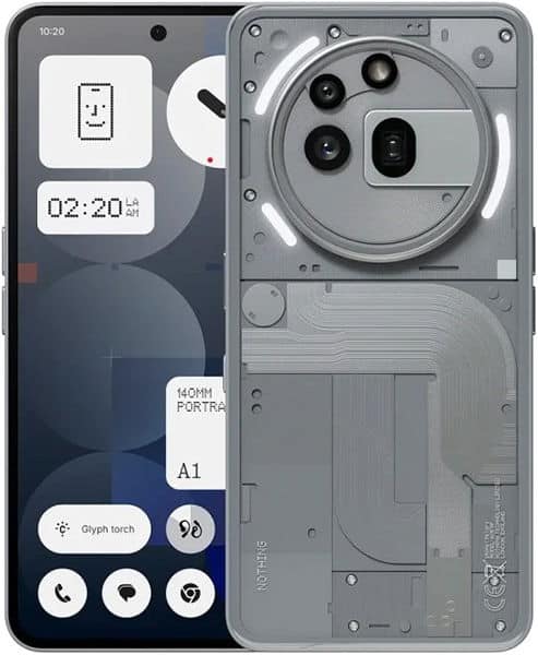 Nothing Phone (3a) Pro front and rear view, showing display with widgets and Glyph touch interface, and transparent back revealing quad camera setup