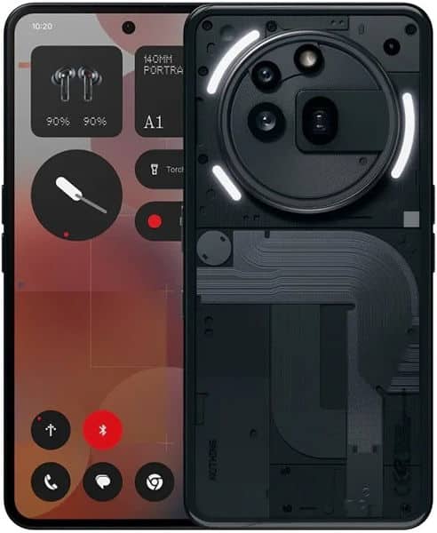 Nothing Phone (3a) Pro front and rear view, showing display with interface and quad camera module on back