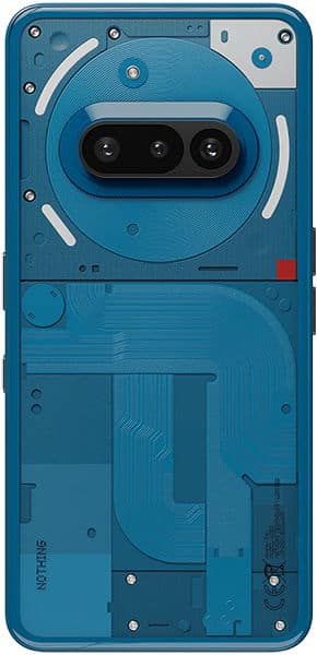 Rear view of blue Nothing Phone (3a) with dual cameras, black oval module, white accents, and circuit-style geometric patterns.