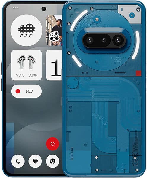 Front and rear view of blue Nothing Phone (3a); transparent back shows internals, screen displays widgets and contacts.