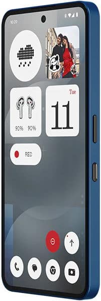 Front view of blue Nothing Phone (3a) showing home screen with widgets, app icons, and a photo above the dock.