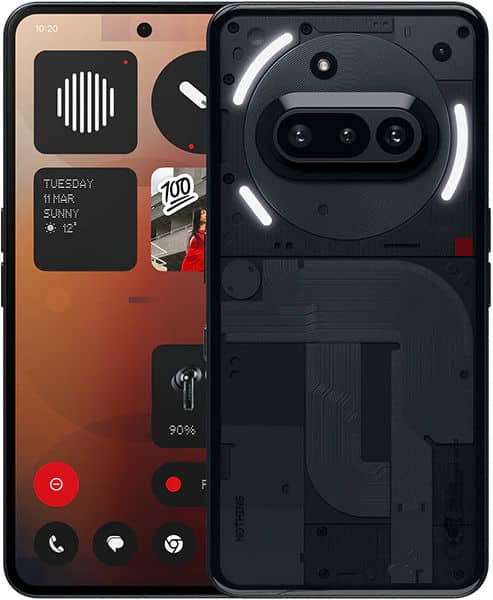 Rear view of Nothing Phone (3a) showing black body, transparent back, lit camera rings, and vivid front display.