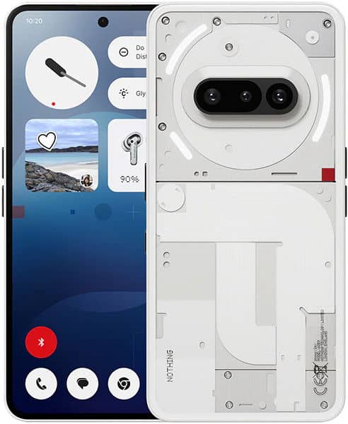 Rear view of white Nothing Phone (3a) showing dual cameras, transparent back, and visible internal components.