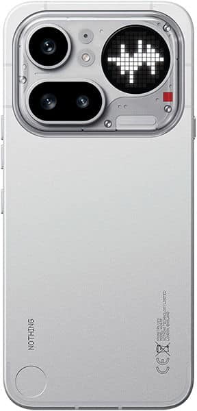 Nothing Phone (4a) Pro rear view, white, showing dual camera system with LED dot display panel