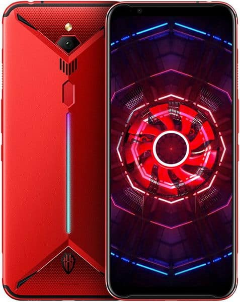 Nubia Red Magic 3 rear and front view, red back with geometric design and camera, screen displaying neon red and purple circular pattern