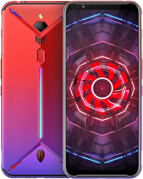 Nubia Red Magic 3 front and back view, red-to-purple gradient design with angular accents, screen displaying geometric red neon pattern