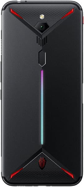 Nubia Red Magic 3 rear view, black with red accents, geometric vents, and gradient LED strip down center