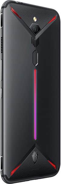 Nubia Red Magic 3 rear view, black with red accents and center stripe, camera and logo visible
