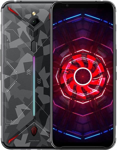 Nubia Red Magic 3 front and rear views, showing geometric patterned back and display with red circular design
