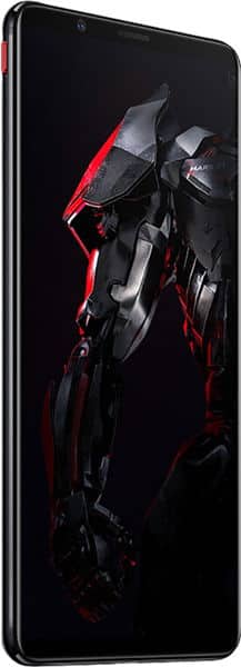 ZTE Nubia Red Magic Mars smartphone, front view, displaying black and red robotic design on screen