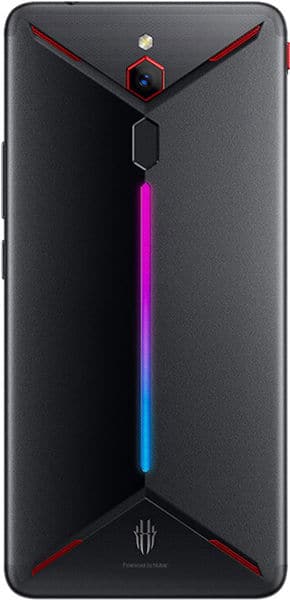 ZTE Nubia Red Magic Mars rear view, showing dark gray back panel with red angular design elements, central camera, and vertical RGB lighting strip