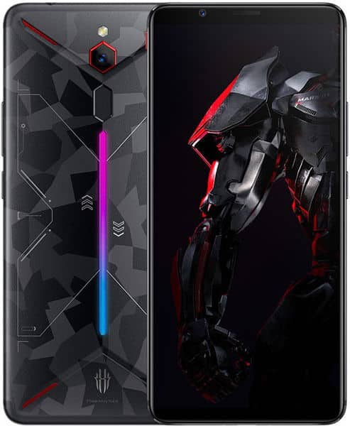 ZTE Nubia Red Magic Mars front view, displaying geometric back design with red and blue gradient accent stripe, and screen showing dark gaming interface with red accents