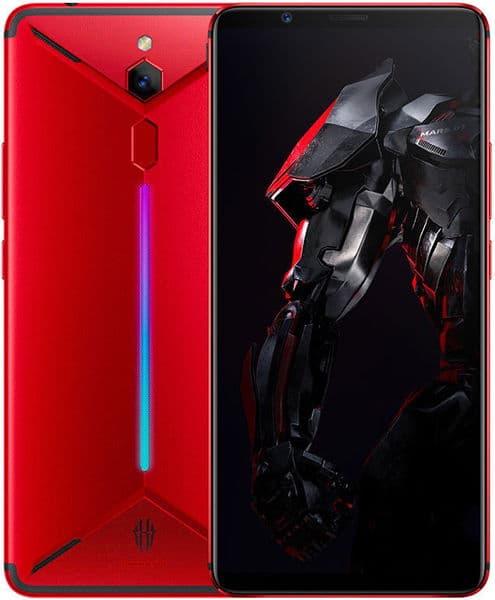 ZTE Nubia Red Magic Mars rear and front view, red body with glowing accent stripe and camera, screen displaying gaming interface
