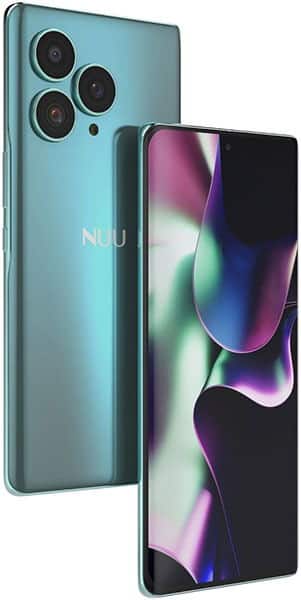 Nuu B30 Pro 5G shown from rear and front angles, displaying teal back with triple camera setup and colorful abstract display screen