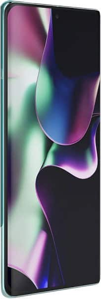 Nuu B30 Pro 5G smartphone displayed at an angle, showing its front screen with a colorful abstract wallpaper in purple, green, and blue tones